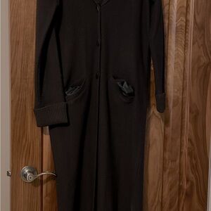 Chocolate brown long wool sweater lined pockets 3 button front below knee